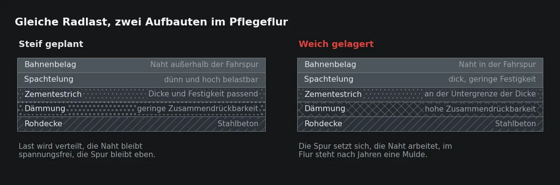 Die Radlast ist in beiden Fällen dieselbe. Links wird sie in die Fläche verteilt, rechts arbeitet sie sich durch die weichste Schicht.
