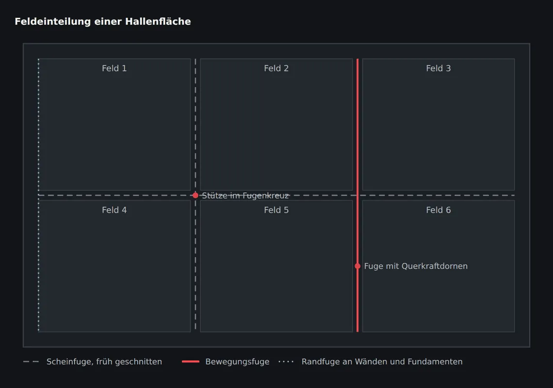 Die Felder bleiben annähernd quadratisch, die Bewegungsfuge trennt den Hallenbereich vom Anbau. Stützen liegen in Fugenkreuzen, nicht in der Feldmitte.
