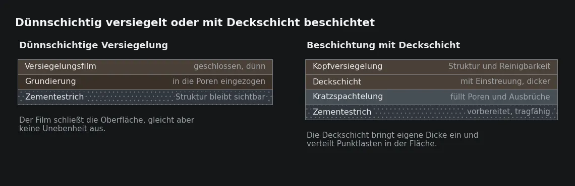 Links bleibt die Struktur des Untergrunds sichtbar und wirksam, rechts bildet die Beschichtung eine eigene Ebene mit eigener Struktur und eigener Dicke.