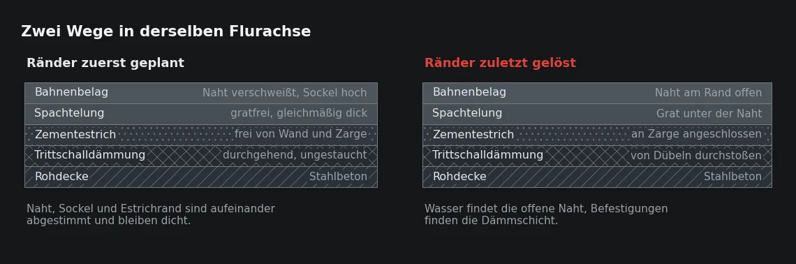 Beide Flure sehen nach der Verlegung gleich aus. Der Unterschied liegt in Zarge, Randanschluss und Naht und zeigt sich erst im ersten Nutzungsjahr.