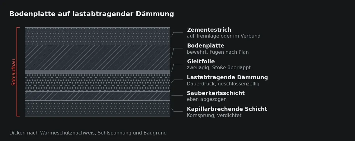 Die Dämmschicht liegt zwischen zwei ebenen Schichten: unten die Sauberkeitsschicht, oben die Folie, die Zementleim aus dem frischen Beton von den Plattenstößen fernhält.