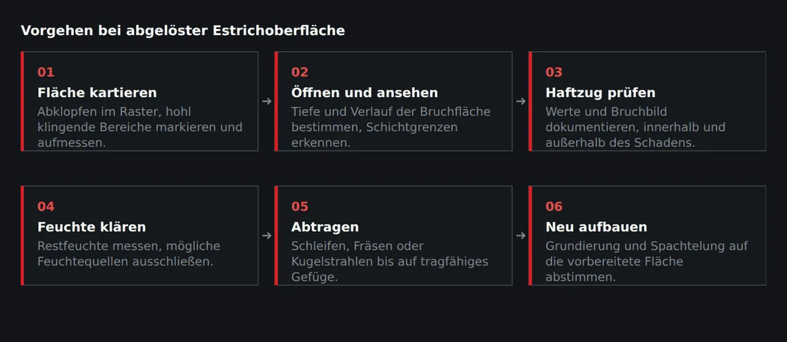 Die Reihenfolge entscheidet über die Aussagekraft: erst das Schadensbild eingrenzen, dann gezielt prüfen, dann abtragen.