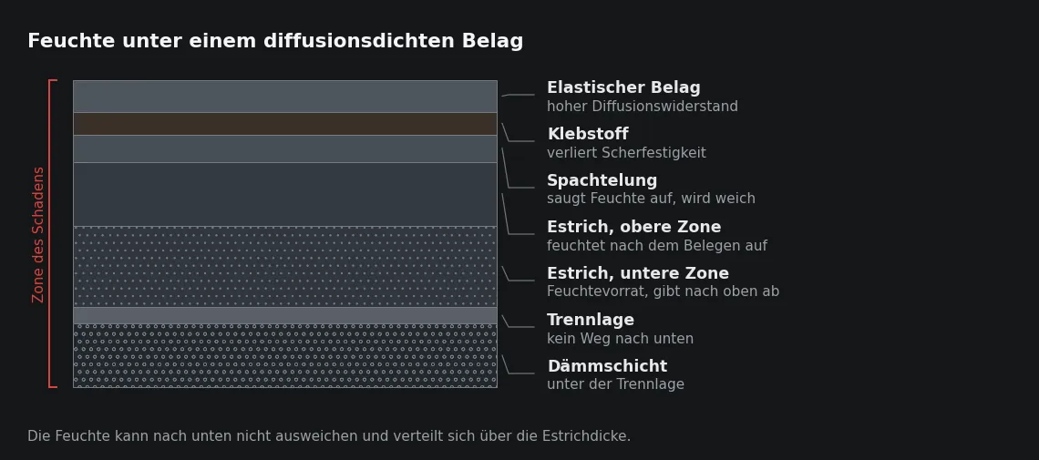 Unter dem dichten Belag steigt der Feuchtegehalt in der oberen Estrichzone wieder an. Die Klebefuge liegt genau dort, wo sich die Feuchte sammelt.