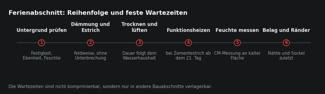 Beschleunigen lassen sich die Einbauschritte, nicht die Wartezeiten dazwischen. Der Abschnitt wird deshalb von hinten geplant, vom Nutzungsbeginn zurück.